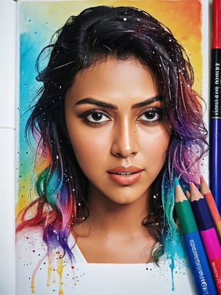 color pencil drawring of AmalaPaul, beautiful, stunning, spiral bound notebook, art by Caran D'Ache Luminance, color splash, water splash
