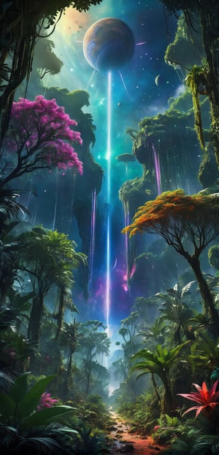 ((best quality)), ((masterpiece)), ((realistic)), (hyper detailed), exotic lush and colorful jungle on an alien planet, Dark Matter, Ethereal, Prismatic Coating, Pitted Surface,, Celestial Event,Meteor Shower,((masterpiece)), 16K, HDR,