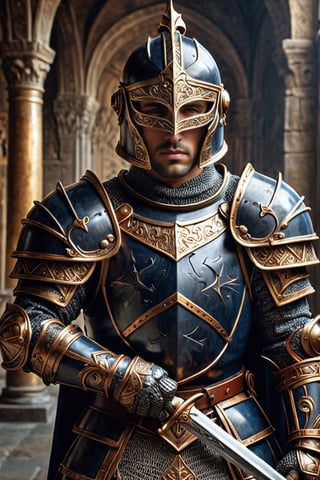 armored warrior, in the style of navy and gold,medieval knight, sword in hand, tough looking man face, academic classicism, 32k uhd, spectacular backdrops, bronze playfulness, associated press photo,bl1ndm5k,LegendDarkFantasy,Obsidian_Gold