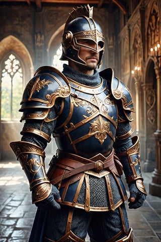 armored warrior, in the style of navy and gold,medieval knight, sword in hand, tough looking man face, academic classicism, 32k uhd, spectacular backdrops, bronze playfulness, associated press photo,bl1ndm5k,LegendDarkFantasy,Obsidian_Gold