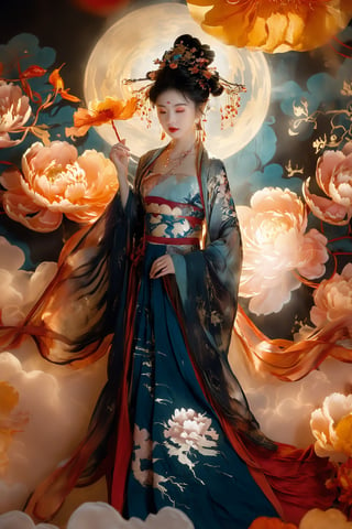 Vibrant Rim Light, In a realm drenched with magic, the silhouette of a Chinese maiden illuminates, adorned in the magnificent and extravagant Hanfu that seems to glow from within, floating ethereally in this fantasy space. Mystic clouds, shimmering with hints of gold and silver, envelop her, reminiscent of celestial beings gracing the mortal world. In her delicate hands, she holds a radiant peony, its luminescence contrasting with the shadows. The very moment its petals dance in the wind, casting playful shadows, is exquisitely immortalized by the artist. Luminescent rays and flickers of shadow dance around her form, evoking the elegance of traditional ink paintings, but with a vibrant burst of light and dark interplay. This masterpiece fuses the vision of a modern artist, accentuating the intense drama of light and shadow with the splendor of the Hanfu, crafting a strikingly abstract and luminous artwork. Luxurious, avant-garde, chic, editorial, magazine flair, professional, intricately detailed, ambient illumination, Raking light., bright rim light, high contrast, bold edge light,dunhuang