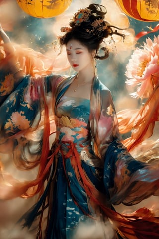 Vibrant Rim Light, In a realm drenched with magic, the silhouette of a Chinese maiden illuminates, adorned in the magnificent and extravagant Hanfu that seems to glow from within, floating ethereally in this fantasy space. Mystic clouds, shimmering with hints of gold and silver, envelop her, reminiscent of celestial beings gracing the mortal world. In her delicate hands, she holds a radiant peony, its luminescence contrasting with the shadows. The very moment its petals dance in the wind, casting playful shadows, is exquisitely immortalized by the artist. Luminescent rays and flickers of shadow dance around her form, evoking the elegance of traditional ink paintings, but with a vibrant burst of light and dark interplay. This masterpiece fuses the vision of a modern artist, accentuating the intense drama of light and shadow with the splendor of the Hanfu, crafting a strikingly abstract and luminous artwork. Luxurious, avant-garde, chic, editorial, magazine flair, professional, intricately detailed, ambient illumination, Raking light., bright rim light, high contrast, bold edge light,dunhuang