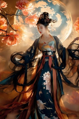 Vibrant Rim Light, In a realm drenched with magic, the silhouette of a Chinese maiden illuminates, adorned in the magnificent and extravagant Hanfu that seems to glow from within, floating ethereally in this fantasy space. Mystic clouds, shimmering with hints of gold and silver, envelop her, reminiscent of celestial beings gracing the mortal world. In her delicate hands, she holds a radiant peony, its luminescence contrasting with the shadows. The very moment its petals dance in the wind, casting playful shadows, is exquisitely immortalized by the artist. Luminescent rays and flickers of shadow dance around her form, evoking the elegance of traditional ink paintings, but with a vibrant burst of light and dark interplay. This masterpiece fuses the vision of a modern artist, accentuating the intense drama of light and shadow with the splendor of the Hanfu, crafting a strikingly abstract and luminous artwork. Luxurious, avant-garde, chic, editorial, magazine flair, professional, intricately detailed, ambient illumination, Raking light., bright rim light, high contrast, bold edge light,dunhuang