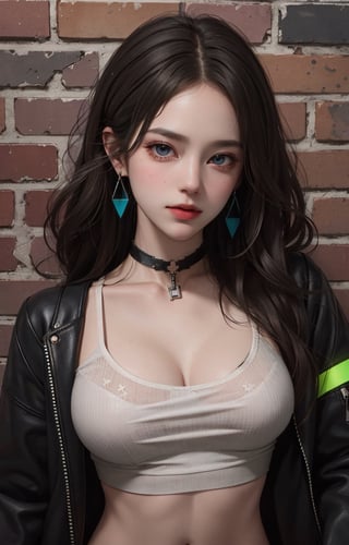 (masterpiece, best quality, 1girl, solo, intricate details, chromatic aberration), realistic, ((medium breath)),long hair, black hair, white head ornament, perple highlights, hair over one eye,yellow eyes, earrings, sharp eyes, choker, neon shirt, open jacket, crop top, (symmetry eyes),(perfect symmetrical body),against wall, brick wall, graffiti, dim lighting, alley ,look at viewer
,2b,fashion