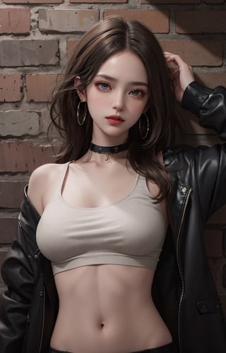 (masterpiece, best quality, 1girl, solo, intricate details, chromatic aberration), realistic, ((medium breath)),long hair, black hair, white head ornament, perple highlights, hair over one eye,yellow eyes, earrings, sharp eyes, choker, neon shirt, open jacket, crop top, (symmetry eyes),(perfect symmetrical body),against wall, brick wall, graffiti, dim lighting, alley ,look at viewer
,2b,fashion