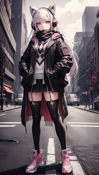 realistic, best quality, 4K wallpaper, masterpiece, extremely detailed CG unity 8k wallpaper, extremely detailed eyes, ultra-detailed, intricate details, 1girl, solo, red eyes, silver hair, long hair, TheEmpireStyle, xuer Luxury brand fashion, white, jewelry,  looking at viewer, full body, road sign, street park, street, Cyberpunk city,  hand in pocket,black jacket,skirt,scarf,sneakers,heart,thighhighs,puffy sleeves,gloves,pink eyes,hair ornament,building,pink gloves,animal ear headphones,headphones,black skirt,asymmetrical legwear, Chanel costume,TheEmpireStyle