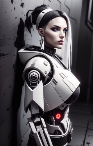 (Masterpiece, Best Quality, 1 Girl, Solo, Intricate Details, Chromatic Aberration), Real,, 2bTheEmpireStyle, White, White Cyborg Fashion Shot, Punk Warrior, ((Sigh)), (Sad Smile: 0.6), Long Hair, Black Hair , white headdress, pearl highlights, hair on one eye, yellow eyes, earrings, sharp eyes, , (symmetrical eyes), (perfectly symmetrical body), by the wall, fractal decoration staring at the viewer, Unreal Engine, ArtStation In trend, high-tech plastic,TheEmpireStyle