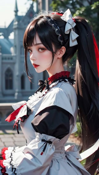 masterpiece, beautiful girl 1, detailed eyes, puffy eyes, best quality, super high resolution, (reality 1.4), original photo, 1 girl, (red and white gothic lolita fashion: 1.4), gothic lolita style, twin tails blowing in the wind, black hair, 46-angle bangs, on stage, real hands, cinematic lighting, japanese, asian beauty, korean, very beautiful, beautiful skin, slender, body facing forward, (ultra realistic), (high resolution), (8k), (highly detailed), (best illustration), (beautiful detailed eyes), (super detailed), detailed face, looking straight at the viewer, well dressed, black gothic lolita fashion, gothic lolita style, twin tails blowing in the wind, black hair, 46-angle bangs, on stage, real hands, beautiful