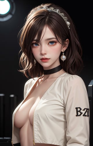 (Masterpiece, Best Quality, 1 Girl, Solo, Intricate Details, Chromatic Aberration, Realistic,), Realistic, ((Middle Breath)), Long Hair, Ash Brown Hair, White Headdress, Pearl Highlights, (hair in one eye: 1.4), yellow eyes, earrings, sharp eyes, choker, neon shirt, open jacket, crop top, (symmetrical eyes), (perfect symmetrical body), live house entrance, looking at the viewer see, 2b