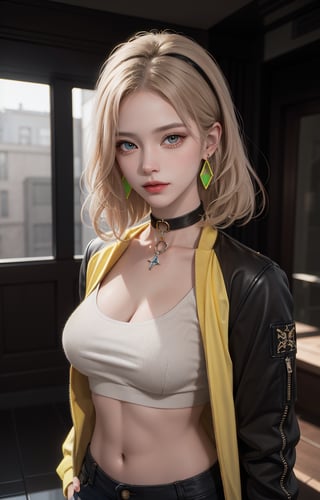 (Masterpiece, Best Quality, 1 Girl, Solo, Intricate Details, Chromatic Aberration, Realistic,) :1.4), yellow eyes, earrings, sharp eyes, choker, neon shirt, open jacket, crop top, (symmetrical eyes), (perfect symmetrical body), live house entrance, look at the viewer, 2b,beautylegs