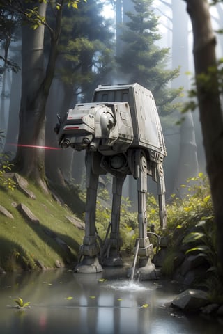 ((1 male)), AT-AT Walker, whole body, 3D figure, AT-AT, damaged AT-AT, scratches on the exterior, tracer bullets, laser beams flying around, natural light, realistic image quality, dynamic pose, video lighting , Perfect Composition, Super Detail, Official Art, Masterpiece, Top Quality, Reflections , High Resolution CG Unity 8K Each Wallpaper, Detailed Background, Masterpiece, Photorealistic, Random Angle, Forest Planet, Endor, Jungle, Full Body, Star Wars ,