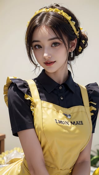 ((highest quality, 8k, masterpiece)), Super detailed, Sharp focus, One beautiful woman, ((Lemon Yellow Polar Apron:1.4)), (Updo:1.4), (Simple collared shirt:1.4), Highly detailed face and skin texture, ((Fine grain)), ((Beautiful dark eyes:1.4)), (smile:1.15), (Mouth closed), Cafe,cute girl