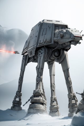 ((1 male)), AT-AT Walker, whole body, 3D figure, AT-AT, natural light, realistic image quality, dynamic pose, flying laser beams, tracer bullets, snow smoke, video lighting, perfect composition, super detail, official art, masterpiece , best quality, reflections, each high resolution CG Unity 8K wallpaper, detailed background, masterpiece, photorealistic, random angle, snow field, ice planet, HOTH, full body, Star Wars,