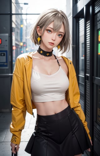 (Masterpiece, Best Quality, 1 Girl, Solo, Intricate Details, Chromatic Aberration, Realistic,) :1.4), yellow eyes, earrings, sharp eyes, choker, neon shirt, open jacket, crop top, (symmetrical eyes), (perfect symmetrical body), live house entrance, look at the viewer, 2b,beautylegs,school uniform ,CyberBlueMoon,lvdress