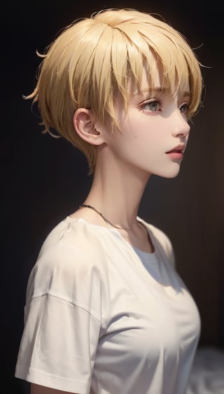 20 year old female, blonde, (High Top Fade: 1.3), dark theme, muted tones, muted colors, high contrast, (natural skin texture, hyperrealism, soft light, sharp), girl, medium breasted, white t-shirt, about to kiss, from the side, looking at viewer, looking away, earrings, choker