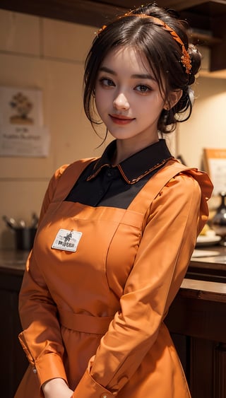 ((highest quality, 8k, masterpiece)), Super detailed, Sharp focus, One beautiful woman, ((Deep orange Polar Apron:1.4)), (Updo:1.4), (Simple collared shirt:1.4), Highly detailed face and skin texture, ((Fine grain)), ((Beautiful dark eyes:1.4)), (smile:1.15), (Mouth closed), Cafe,cute girl