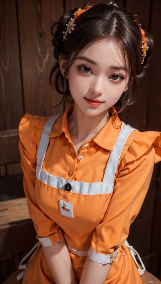 ((highest quality, 8k, masterpiece)), Super detailed, Sharp focus, One beautiful woman, ((Deep orange Polar Apron:1.4)), (Updo:1.4), (Simple collared shirt:1.4), Highly detailed face and skin texture, ((Fine grain)), ((Beautiful dark eyes:1.4)), (smile:1.15), (Mouth closed), Cafe,cute girl