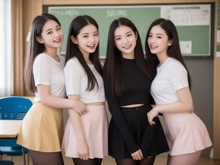 photorealistic:1.37, masterpiece, best quality, raw photo, absurdres, uhd,4 girls,straight hair,high school classroom in Tokyo, intricate detail, detailed background, detailed skin, pore, highres, hdr, soft light to the face,small breasts, the girl 14 year old ,blurry_light_background,black pantyhose,the girl Height 148cm,legs length 70cm,smile eyes,very long ponytail hair,very slim body,shy expression,looking at viewer,red nails,light pink color lips,purple color eyes shadow,wearing high school uniform,standing,laughing out loud,Weight 40kg,the girl's body petite,wearing see through white blouse,body very thin,Pulling each other's clothes,12 cm length microskirt,the girl stick out her tongue,the girl lick her right index finger,the girls helping each other lift up her skirts,