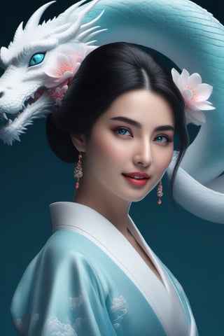  Ana de Armas, beautiful geisha with black hair flying, sky, turquoise eyes, realistic White dragon, sakura flower, white dragon, moon  Test, by alex1shved, highly realistic, ruddy skin, beautiful, full lips, smiling, feeling of lightness and joy, hyperrealism, skin very elaborated, direct gaze, by alex1shved,photo r3al,moonster