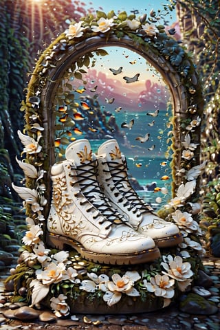 High definition photorealistic render of an incredible and mysterious luxurious abandoned shoes with wing, with vining plants and moss, made in white marble with black and gold details in classic abandoned ornament and located on the seabed, with fish sharks marine life, aquatic plants, sea beds, shells and explosion of bubbles