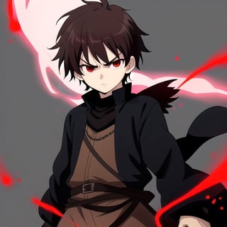 Little boy, dark brown hair, red eyes, serious look, wearing a medieval dark knight costume, anime style, with a red aura surrounding the character.