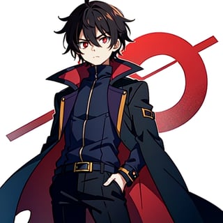 10 year old boy, solo, anime style, short hair, hair between eyes, dark brown hair, serious look, black coat, black turtleneck trench coat, black pants, white skin, red eyes, bright eyes, primary color black, secondary color red