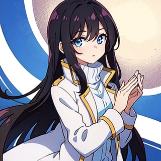 (masterpiece), high quality, 8 year old girl, solo, anime style, long hair, dark brown hair, peaceful look, only white clothes, solo white, plain white coat, plain white turtleneck trench coat, plain white pants,  blue eyes,  glowing eyes, yellow aura