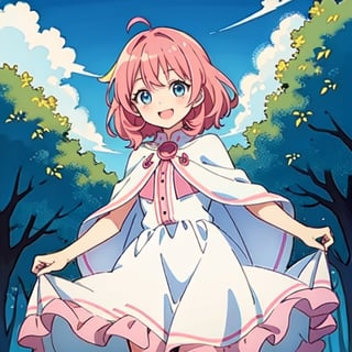 (masterpiece), high quality, 10 year old girl, solo, anime style, medium hair, pink hair, happy look, white dress, pink cape, blue eyes, pink aura