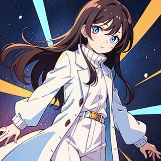 (masterpiece), high quality, 8 year old girl, solo, anime style, long hair, dark brown hair, peaceful look, only white clothes, plain white coat, plain white turtleneck trench coat, plain white pants,  blue eyes,  glowing eyes, yellow aura