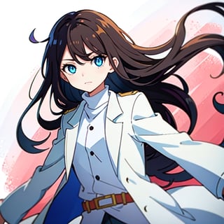 (masterpiece), high quality, 8 year old girl, solo, anime style, long hair, dark brown hair, peaceful look, only white clothes, solo white, plain white coat, plain white turtleneck trench coat, plain white pants,  blue eyes,  glowing eyes, yellow aura