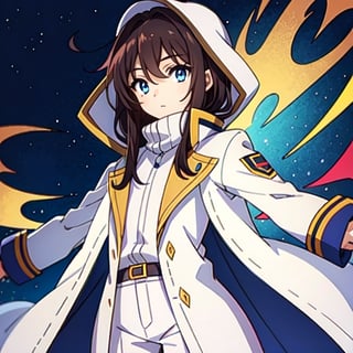 (masterpiece), high quality, 8 year old girl, solo, anime style, long hair, dark brown hair, peaceful look, only white clothes, solo white, plain white coat, plain white turtleneck trench coat, plain white pants,  blue eyes,  glowing eyes, yellow aura