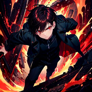 (masterpiece), high quality, highly detailed background, 1 little boy, solo, short hair, dark brown hair, hair between eyes,  serious look, black coat, trench coat, black pants, red eyes, glowing eyes, red aura.