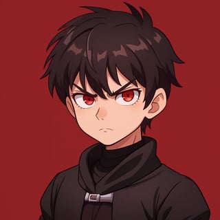 Boy named Zarek, dressed in a black medieval dark knight costume, short dark brown hair, red eyes, serious expression, war background.