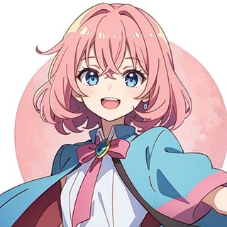 (masterpiece), high quality, 10 year old girl, solo, anime style, medium hair without cap, pink hair, happy look, simple white dress, pink cape, blue eyes, pink aura.