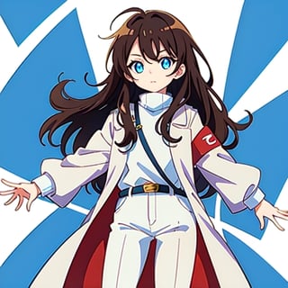 (masterpiece), high quality, 8 year old girl, solo, anime style, long hair, dark brown hair, peaceful look, only white clothes, plain white coat, plain white turtleneck trench coat, plain white pants,  blue eyes,  glowing eyes, yellow aura