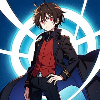 (masterpiece), high quality, 10 year old boy, solo, anime style, short hair, dark brown hair,  serious look, black coat, high-neck trench coat, black pants, red eyes, glowing eyes, red aura.