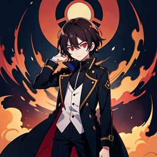 (masterpiece), high quality, 10 year old boy, solo, anime style, short hair, dark brown hair,  serious look, black coat, high-neck trench coat, black pants, red eyes, glowing eyes, red aura.