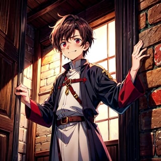 (masterpiece), high quality, 1 little kid, male, solo, anime style, very short hair, dark brown hair,   smile, white and red medieval boy clothes.