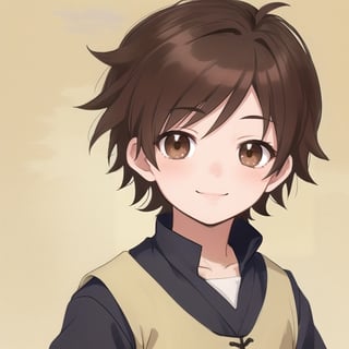 Little boy, dark brown hair, dark brown eyes, smiling slightly, medieval clothing, anime style.