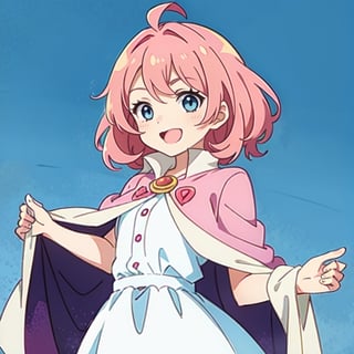 (masterpiece), high quality, 10 year old girl, solo, anime style, medium hair without cap, pink hair, happy look, simple white dress, pink cape, blue eyes, pink aura.