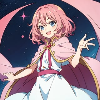 (masterpiece), high quality, 10 year old girl, solo, anime style, medium hair without cap, pink hair, happy look, simple white dress, pink cape, blue eyes, pink aura.