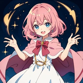 (masterpiece), high quality, 10 year old girl, solo, anime style, medium hair without cap, pink hair, happy look, white dress without details, pink cape, blue eyes, pink aura.