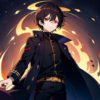 (masterpiece), high quality, 10 year old boy, solo, anime style, short hair, dark brown hair,  serious look, black coat, high-neck trench coat, black pants, red eyes, glowing eyes, red aura.