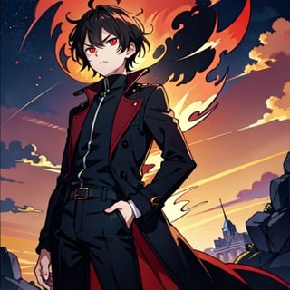 (masterpiece), high quality, 10 year old boy, solo, anime style, short hair, dark brown hair,  serious look, black coat, high-neck trench coat, black pants, red eyes, glowing eyes, red aura.