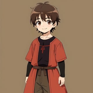 Little boy, dark brown hair, dark brown eyes, smiling slightly, medieval clothing, anime style.