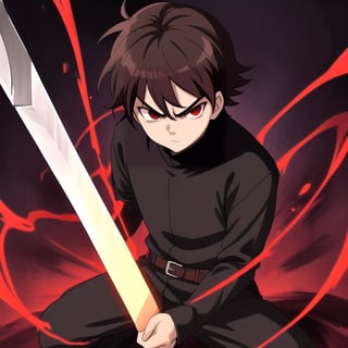 Little boy, dark brown hair, red eyes, serious look, wearing a medieval dark knight costume, a sword, anime style, with a red aura surrounding the character.