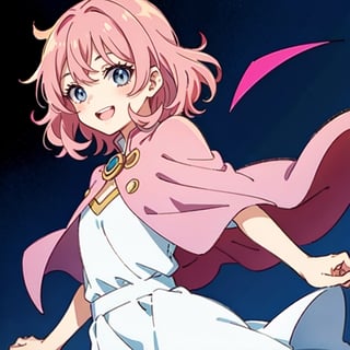 (masterpiece), high quality, 10 year old girl, solo, anime style, medium hair without cap, pink hair, happy look, simple white dress, pink cape, blue eyes, pink aura.