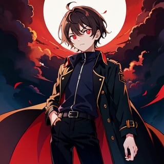 (masterpiece), high quality, 10 year old boy, solo, anime style, short hair, dark brown hair,  serious look, black coat, high-neck trench coat, black pants, red eyes, glowing eyes, red aura.