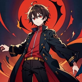 (masterpiece), high quality, 10 year old boy, solo, anime style, short hair, dark brown hair,  serious look, black coat, high-neck trench coat, black pants, red clothing details, red eyes, glowing eyes, red aura.