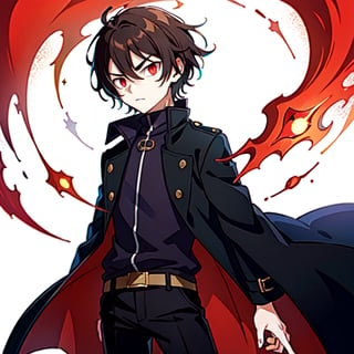 (masterpiece), high quality, 10 year old boy, solo, anime style, short hair, dark brown hair,  serious look, black coat, high-neck trench coat, black pants, red eyes, glowing eyes, red aura.